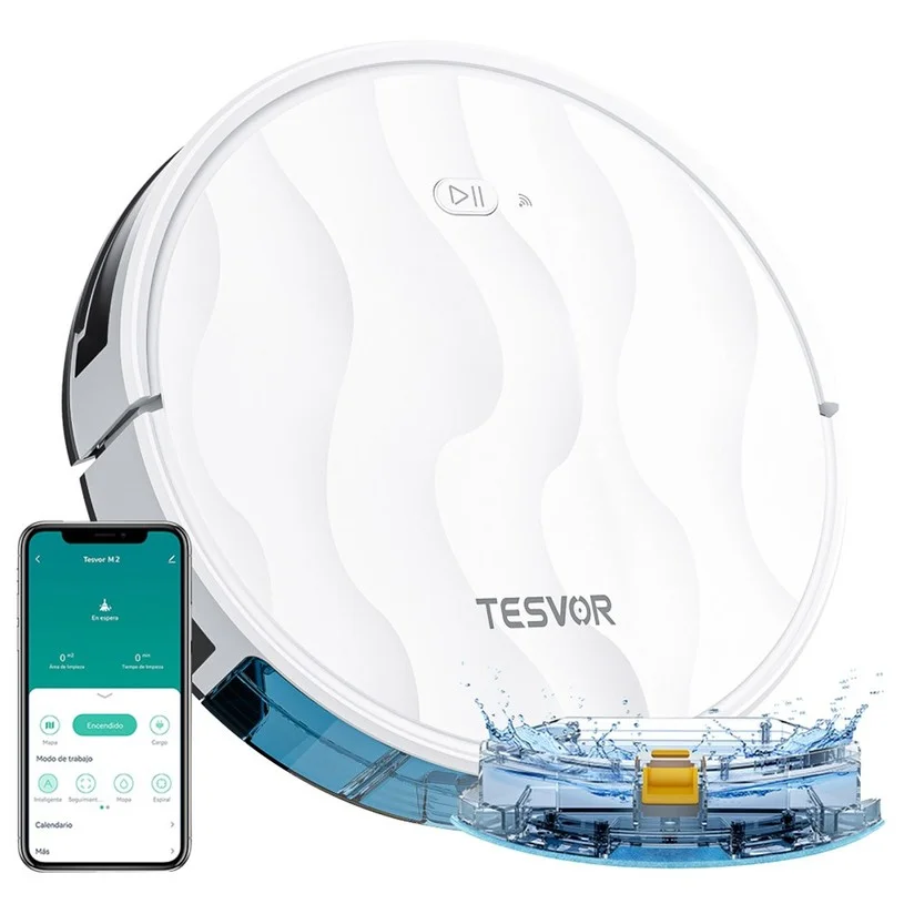 Tesvor M2 Robot Vacuum Cleaner with Mop Function, 6000Pa Suction, Gyroscope Navigation, 600ml Dustbin, 150Mins Runtime, 120sqm Max Vacuuming Area, App Control / Remote Control - White
