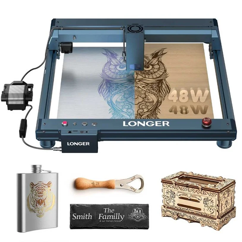 LONGER Laser B1 44W-48W Laser Engraver Cutter, 36000mm/min, Cut 40mm Basswood / 50mm Acrylic,  Air-Assist Kit, 8 Safety Protections, 450x440mm (17.72"x17.32")