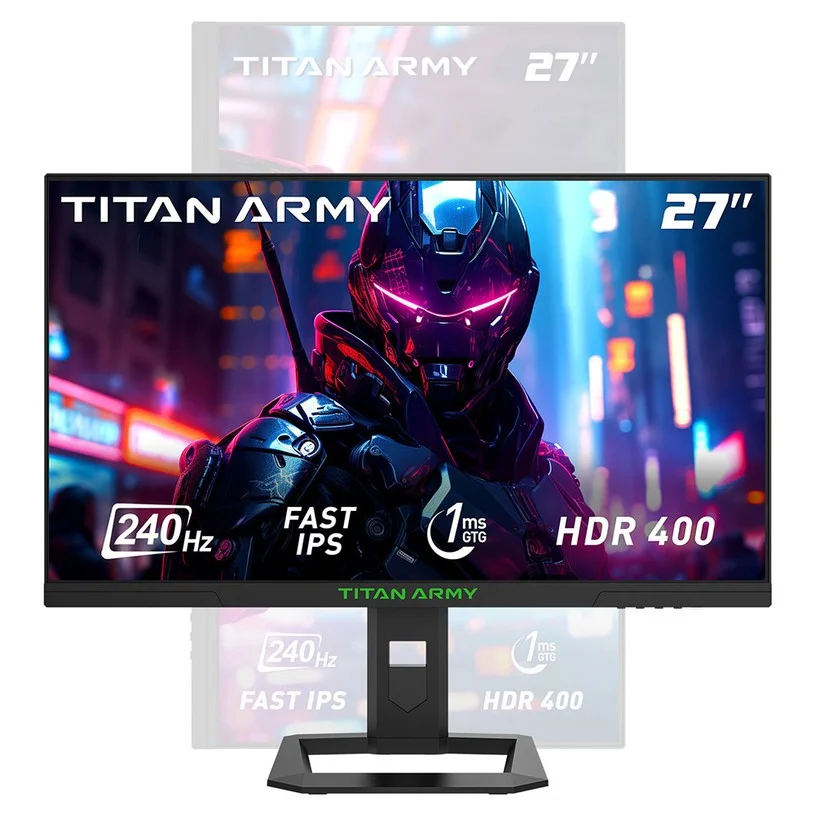 TITAN ARMY P2710S Gaming Monitor, 27-inch 2560*1440 16:9 Fast IPS LCD Screen, 240Hz Refresh Rate, 1ms GTG, HDR 400, Adaptive-Sync, Dynamic OD, Game Mode & 10 scenario Modes, PBP & PIP Split-screen Mode, Rotating Stand, Wall Mounting