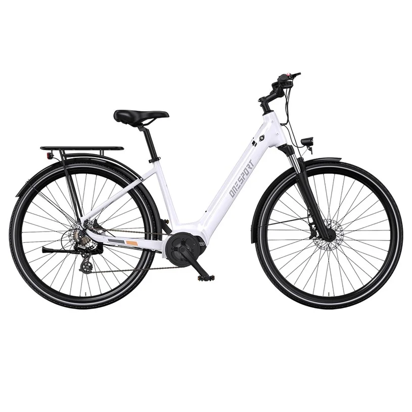 ONESPORT OT07 Electric Bike 250W BAFANG Mid Drive Motor 36V 14AH Battery 27.5 inch Tires 25km/h Max Speed, 110km Range, Shock Absorbing Fork, Hydraulic Disc Brakes, SHIMANO 7-Speed - White