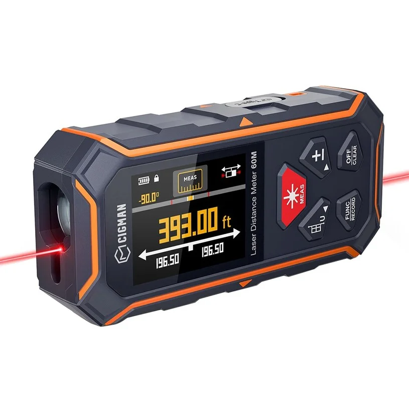 CIGMAN CD-60R Digital Laser Distance Measure - 393Ft/120M, Bilateral Red Beam , ±1/16” Accuracy, 30 Data Memory & Backlit LCD for Indoor/Outdoor Use