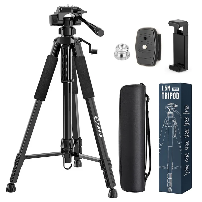 CIGMAN CTP01 1.5m/59inch Laser Level Tripod - 3-Way Swivel Pan Head, Phone Holder, Quick Release Plate with 1/4" Screw Mount & 5/8" Adapter Nut