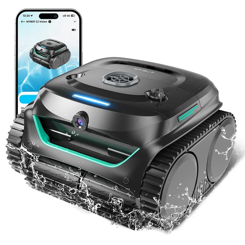 WYBOT C2 Vision Cordless Pool Robot Vacuum (2025 NEW), Debris Detection with AI Camera, 8-in-1 Master Cleaning, Two-Layer Filtration, Brushless Motors for Powerful Suction, for Pools up to 200 m², Black Green