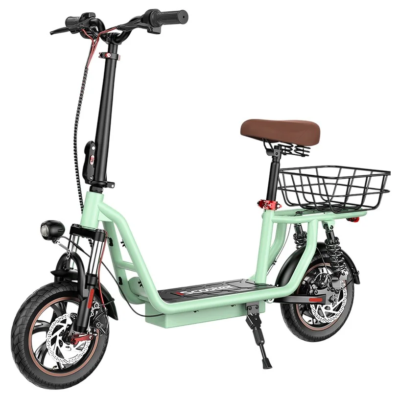 iScooter i12 Electric Scooter with Seat & Rear Basket, 500W Motor, 36V 7.5Ah Battery, 12-inch Pneumatic Tire, 25km/h Max Speed, 35km Max Range, Dual Disc Brakes, Dual Shock Absorption - Green