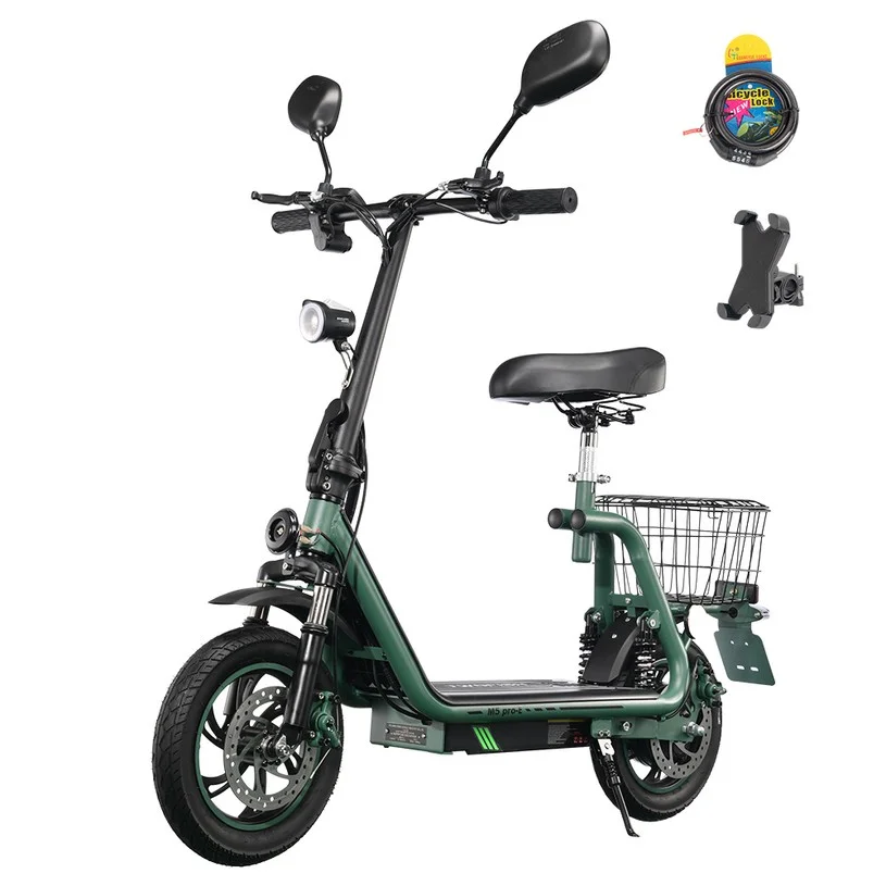 TWOFISH M5 PRO-E EEC Certified Electric Scooter with Seat and Rear Basket, 500W Motor, 48V 13Ah Battery, 12 inch Tires, 40km/h Max Speed, 30km Range, Dual Disc Brakes, Front & Rear Shock Absorbers - Green