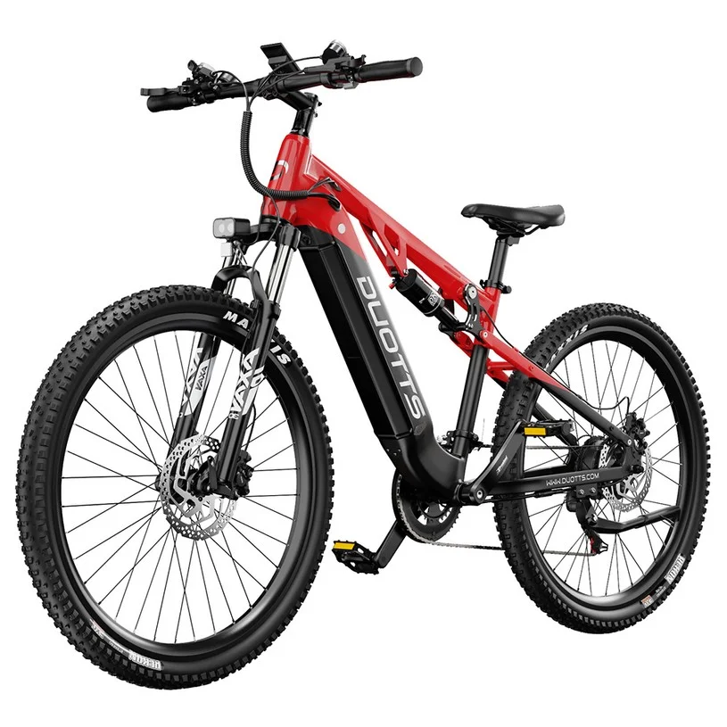 DUOTTS E29 Electric Bike, 250W Motor, 48V 13.5Ah Battery, 27.5 inch Tires, 25km/h Max Speed, 90km Range, Shimano Hydraulic Disc Brakes, DNM Air Suspension, Shimano 14-speed, Torque Sensor - Black Red