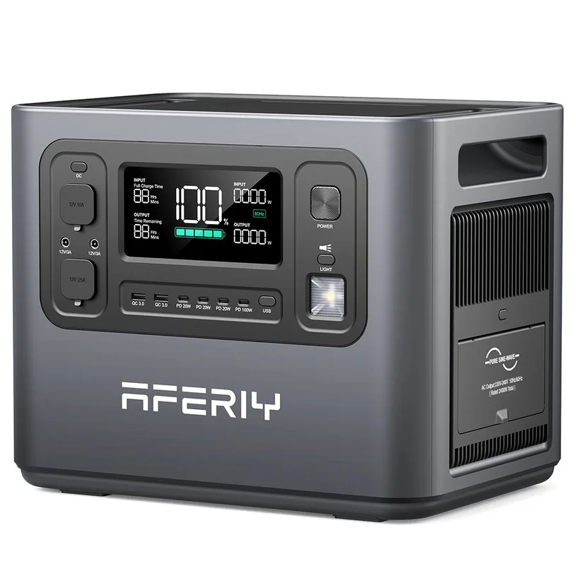 AFERIY P210 Portable Power Station, 2400W 2048Wh Outdoor Generator, App Control,13 Outputs, 1.5H Full Charge, 4000+ Cycles LiFePO₄ Battery - UK Plug, Grey