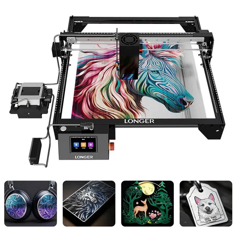 LONGER RAY5 40W Laser Engraver, 24000mm/min Speed, 0.10×0.15mm Laser Spot, Working Area 385×385mm, 8-Diode with FAC, One-Pass Cut 20mm Basswood/0.15mm Stainless Steel