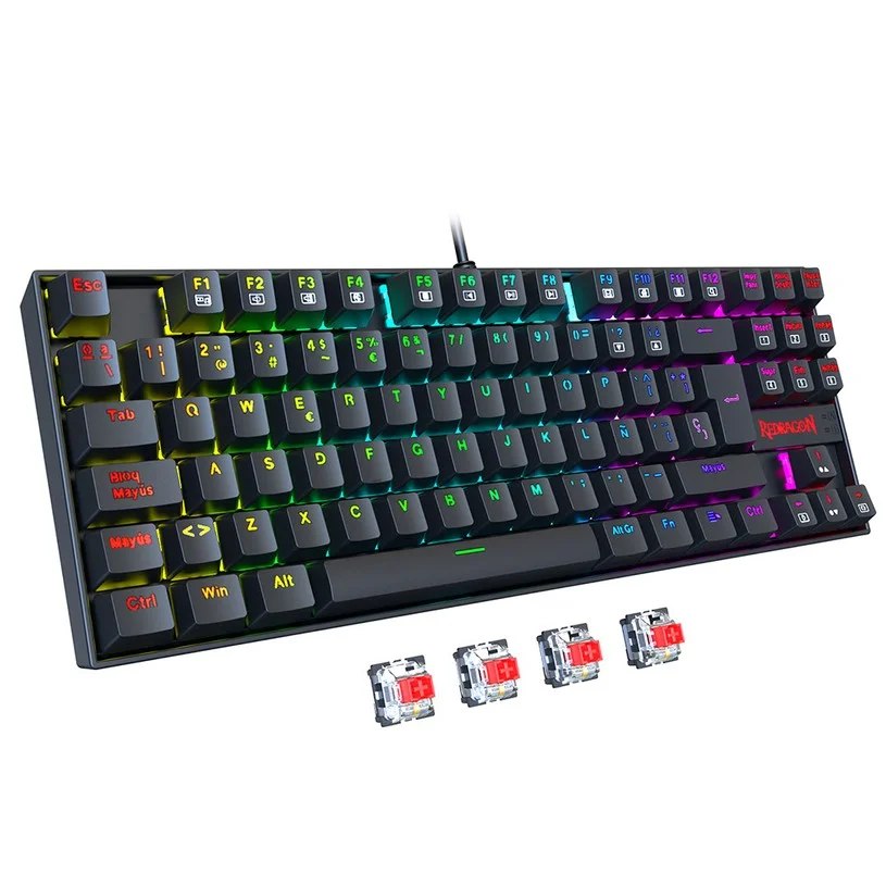 Redragon K552P-KR-ES Mechanical Gaming Keyboard – Spanish Layout, Compact 87 Keys, RGB Backlit, Red Switch, Metal Panel, Anti-Ghosting, Wired USB Keyboard for PC, Laptop, Office, Gamers, and Typists – Black