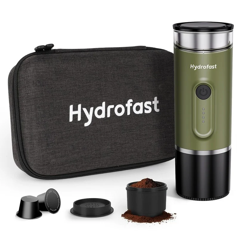 Hydrofast PO-100 Portable Espresso Maker, 20-Bar Pressure, 9600mAh Battery, 2-in-1 Capsule & Ground Coffee, Wireless Heating, Compact Travel Design
