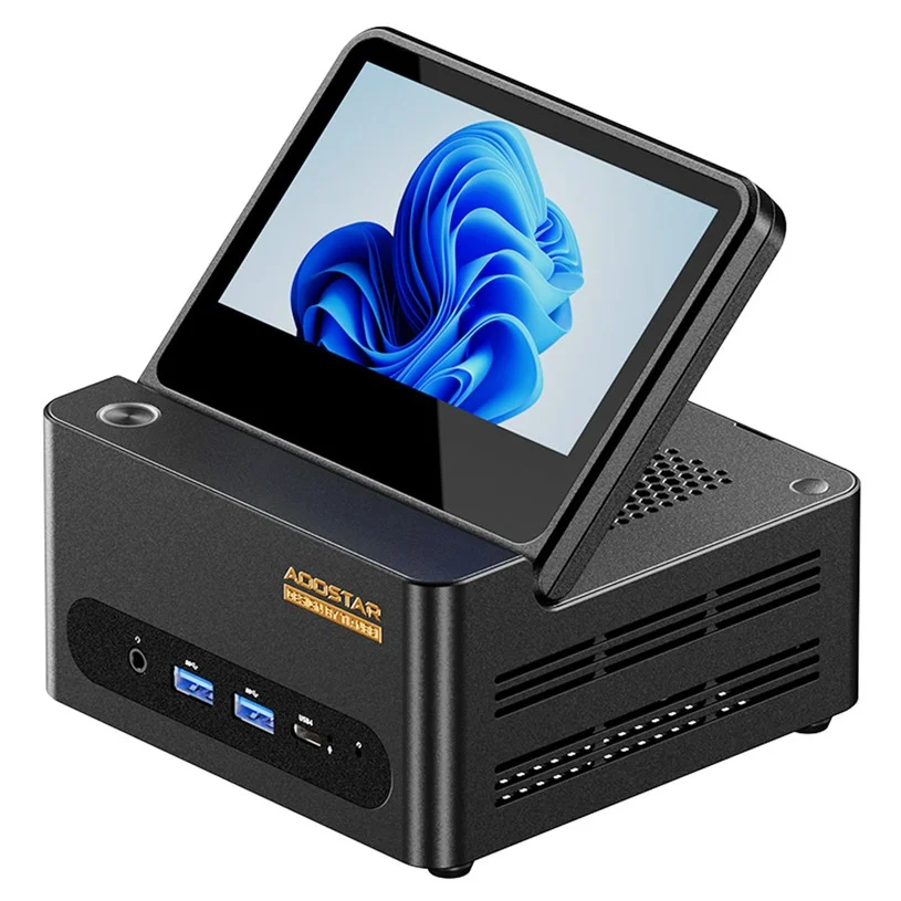 AOOSTAR GFLIP Mini PC Barebone (No RAM No SSD), 5 inch 1920*1080 60Hz Screen, AMD Ryzen Al 9 HX 370 12 Core Max 5.1GHz, 2*USB4+HDMI 4K 240Hz Triple Display, WiFi 7, 2*2.5G RJ45, 2*USB3.2, 2*USB2.0, 1*OCuLink, 1*Audio, Fingerprint Unlocking