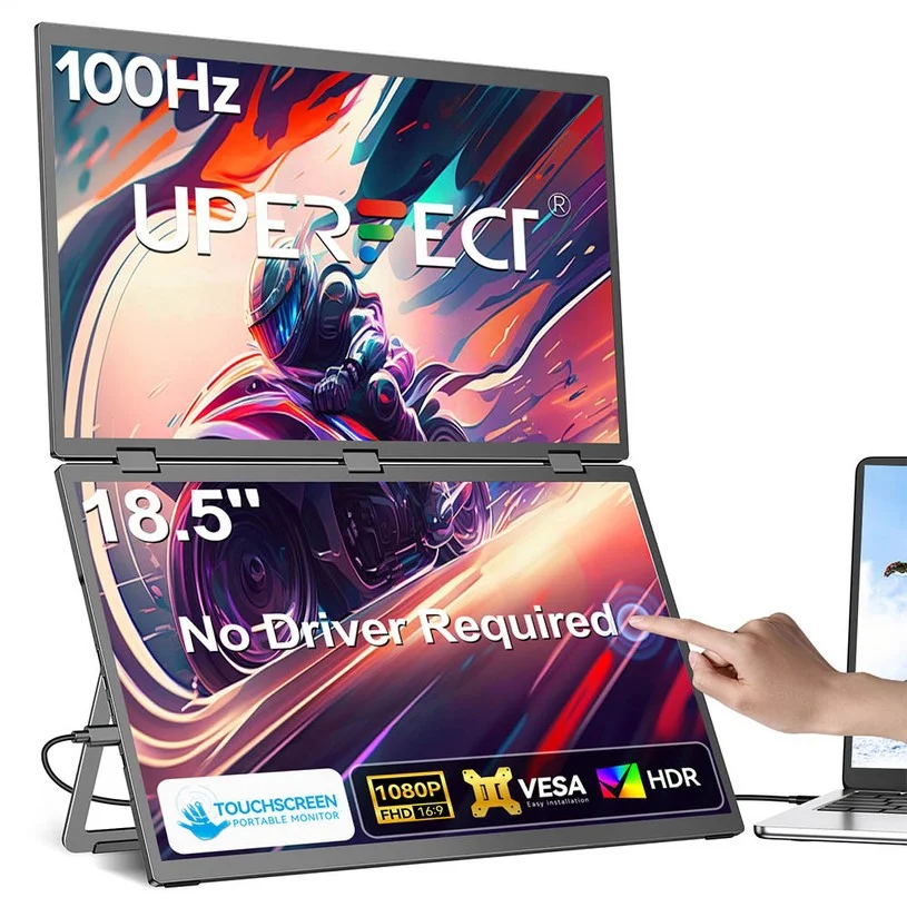 UPERFECT Delta Max Touch Dual Screen Portable Monitor, 18.5 inch 1920*1080 100Hz IPS Touchscreen, 178° Viewing Angle, Built-in Speakers, 2*Full-Featured Type-C, 1*USB, 1*mini HDMI - EU Plug