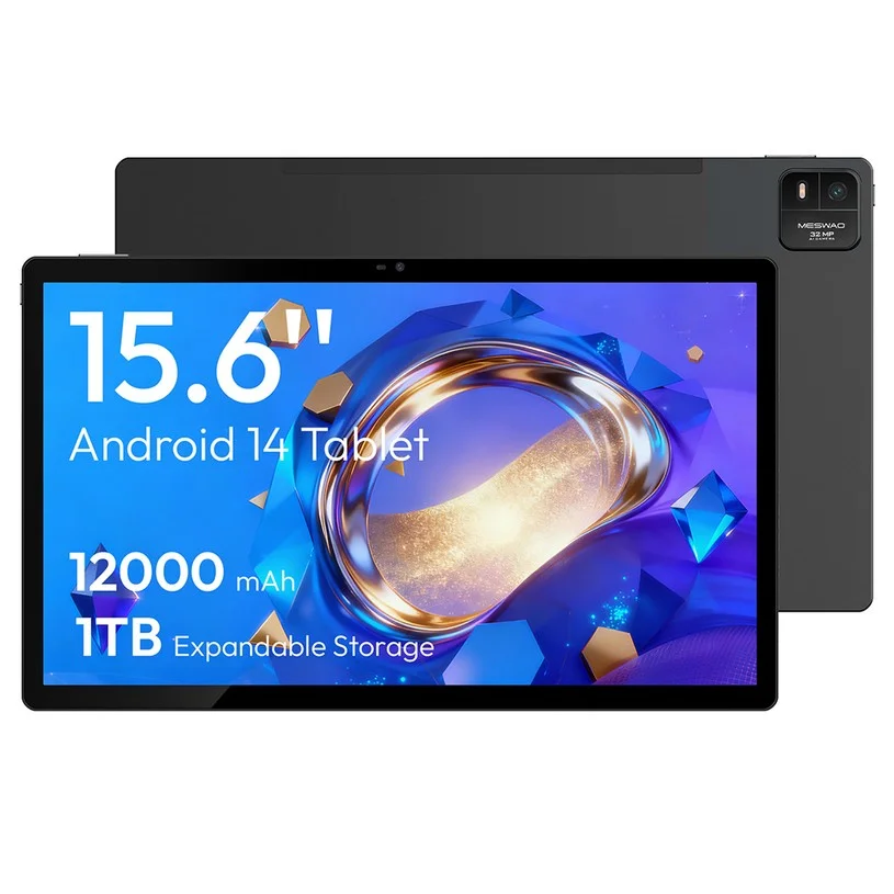 MESWAO B3 Tablet, 15.6 inch 1920*1080 IPS Screen, MTK Helio G99 8 Cores, 6GB RAM 128GB ROM, Android 14, WiFi 5 Bluetooth 5.0, 12000mAh Battery, 32MP+5MP Camera, 4*Speakers - EU Plug, Grey