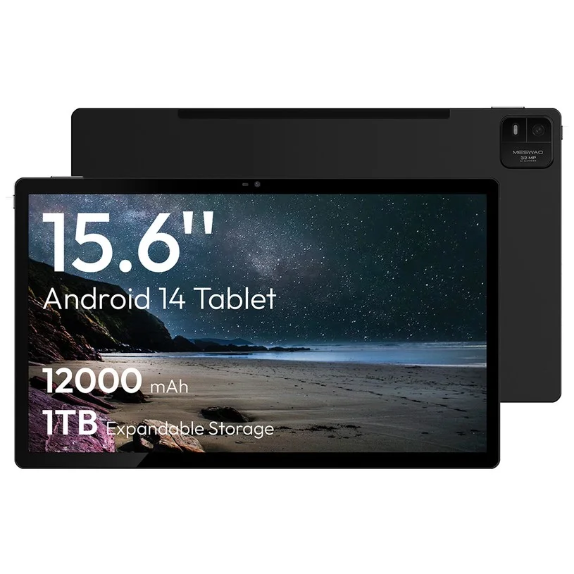 MESWAO B3 Pro Tablet, 15.6 inch 1920*1080 IPS Screen, MTK Helio G99 8 Cores, 8GB RAM 256GB ROM, Android 14, WiFi 5 Bluetooth 5.0, 12000mAh Battery, 32MP+5MP Camera, 4*Speakers - US Plug, Black