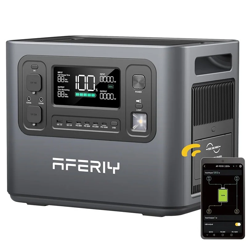 AFERIY P210 Portable Power Station, 2400W AC Output, 2048Wh LiFePO4 Battery, 13 Outputs, 2H Fast AC Recharge, 500W Solar Input & App Control