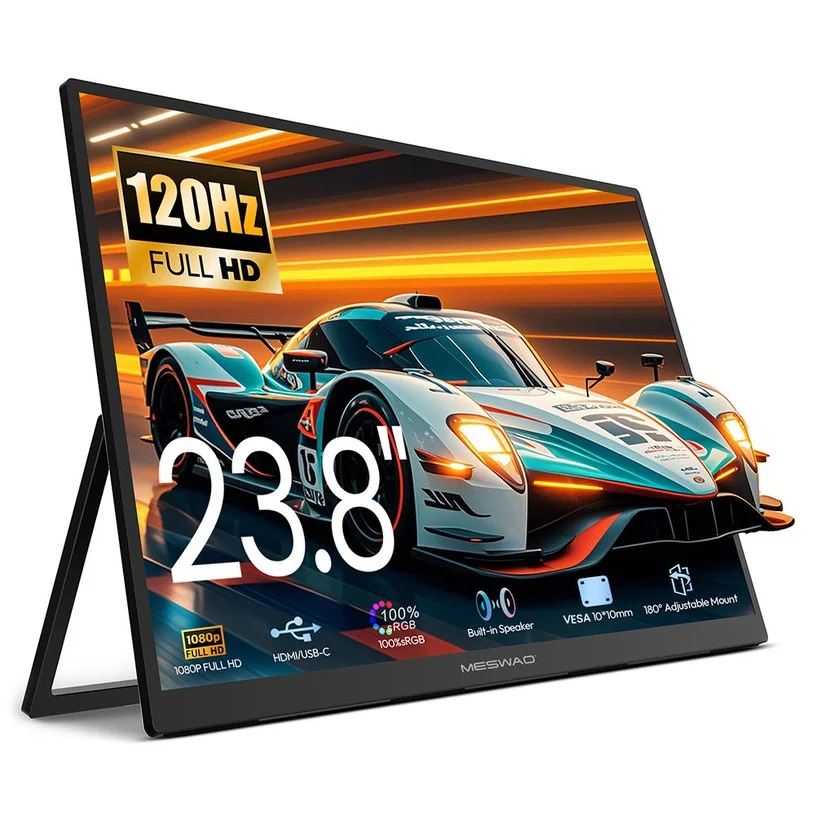 MESWAO S238 23.8 inch Portable Monitor, 1080P FHD IPS Screen, 120Hz Refresh Rate, 100% sRGB, 178° Wide Viewing Angle, Built-in Dual Speaker, 180° Adjustable Mount, 100x100mm VESA Mount, 2*Type-C, 1*HDMI, 1*Audio - EU Plug