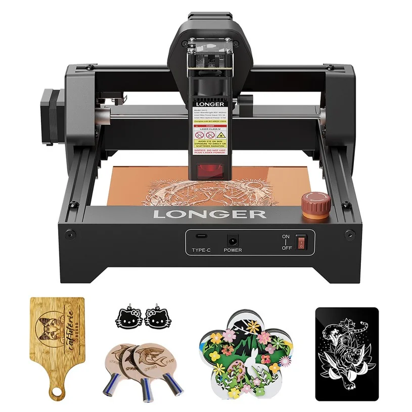 LONGER Ray5 Mini 5.5W Laser Engraver, 0.08×0.08mm Laser Spot, 12000mm/min Speed, 130×130mm Work Area, 8mm Cutting Depth, WiFi/USB/App Control, Compatible with Wood/Acrylic/Leather/Metal/Ceramic