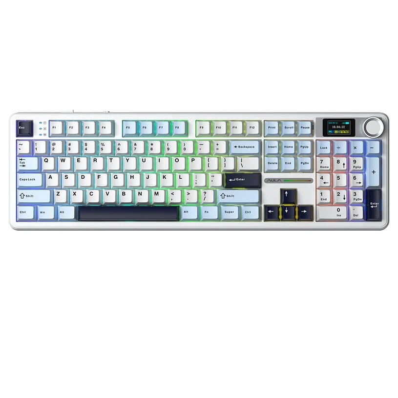 AULA F108 Pro Tri-Mode Wireless Mechanical Keyboard, 104-Key Gasket Mount, Hot-Swappable LEOBOG Graywood V3 Linear Switch, 1.14-Inch LCD Screen, RGB Backlit, 8000mAh Battery - Mist Blue