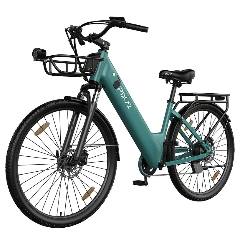 PIXAR C1 PRO Electric Commuter Bike, 250W Brushless Motor, 36V 18Ah Battery, 80-100km Range, 25km/h Max Speed, Shimano 7-Speed, Hydraulic Disc Brakes, Step-Thru Frame, Front Suspension, LCD Display, City E-Bike with Basket - Blue