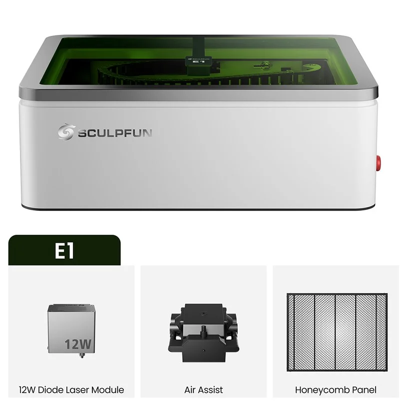 SCULPFUN E1 12W Enclosed Laser Engraver, 400×320mm Working Area, 600mm/s CoreXY, HD Camera, Class 1 Safety, Air Assist