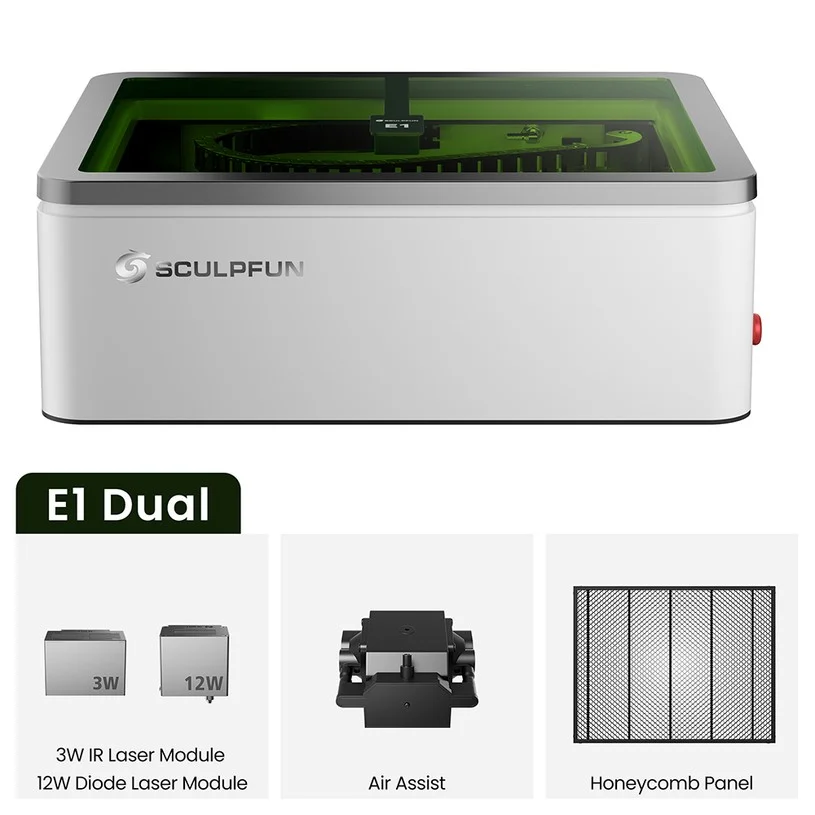 SCULPFUN E1 Dual 12W+3W IR Enclosed Laser Engraver, 400×320mm Working Area, 600mm/s CoreXY, HD Camera, Class 1 Safety, Air Assist