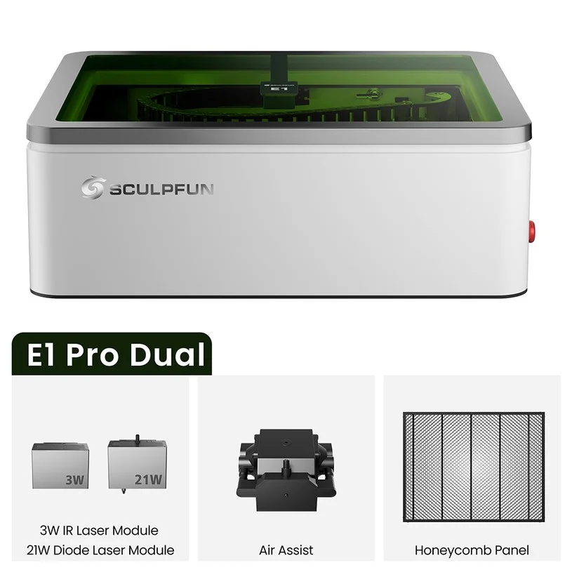 SCULPFUN E1 Pro Dual 21W+3W IR Enclosed Laser Engraver, 400×320mm Working Area, 600mm/s CoreXY, HD Camera, Class 1 Safety, Air Assist