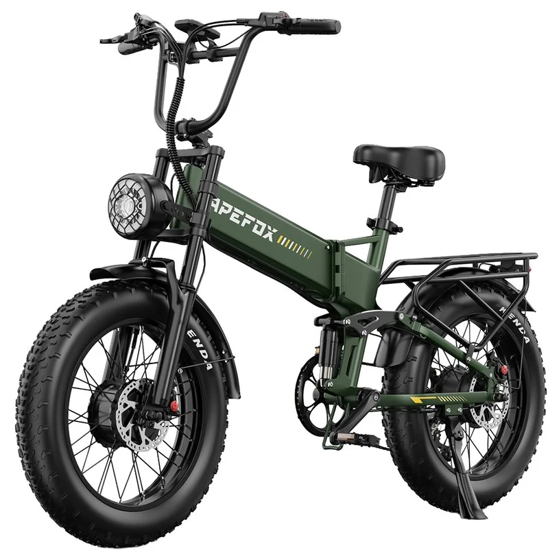 APEFOX RH20 Foldable Electric Bike, Dual 750W Hub Motors, 48V 22.5Ah Lithium Battery, 50km/h Max Speed, 100km Range, 20×4.0" Fat Tires, Full Suspension, Hydraulic Brakes, Shimano Tourney 7-Speed - Green