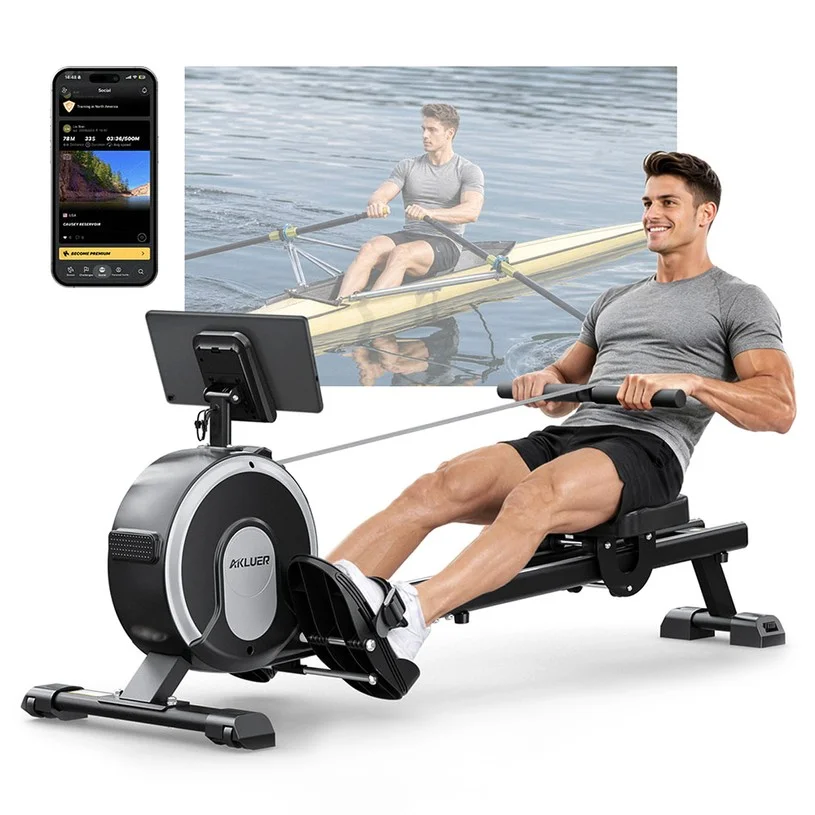 Akluer RM001 Magnetic Rowing Machine, 16-Level Adjustable Resistance, 20dB Quiet Operation, Dual-Rail Stable Construction, 150kg Max Load, Vertical Foldable Design, Kinomap App Support, Phone & Tablet Holder