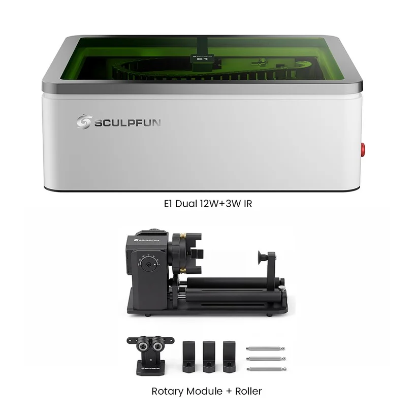 SCULPFUN E1 Dual 12W+3W IR Laser Engraver + Rotary Kit