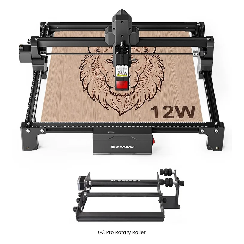 Mecpow X3S 12W Laser Engraver and Cutter + G3 Pro Rotary Roller