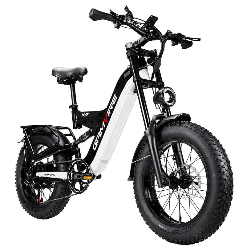 V9 Electric Bike, 250W Brushless Motor, 48V 19.2Ah Removable Battery, 110km Max Range, 90N·m Torque, 20×4.0-Inch Fat Tires, Triple Suspension, 7-Speed, 180mm Hydraulic Disc Brakes, 150kg Max Load - Black&White